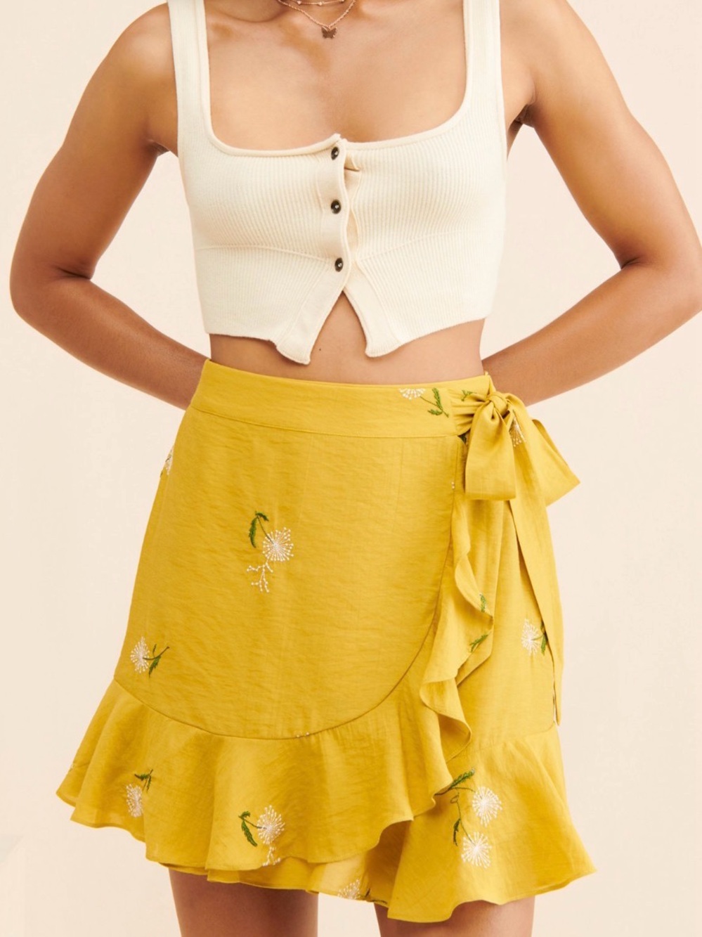 Anthropologie G.P.D. Embroidered Mustard Tie-Waist Ruffle Mini Skirt - Picture 6 of 9